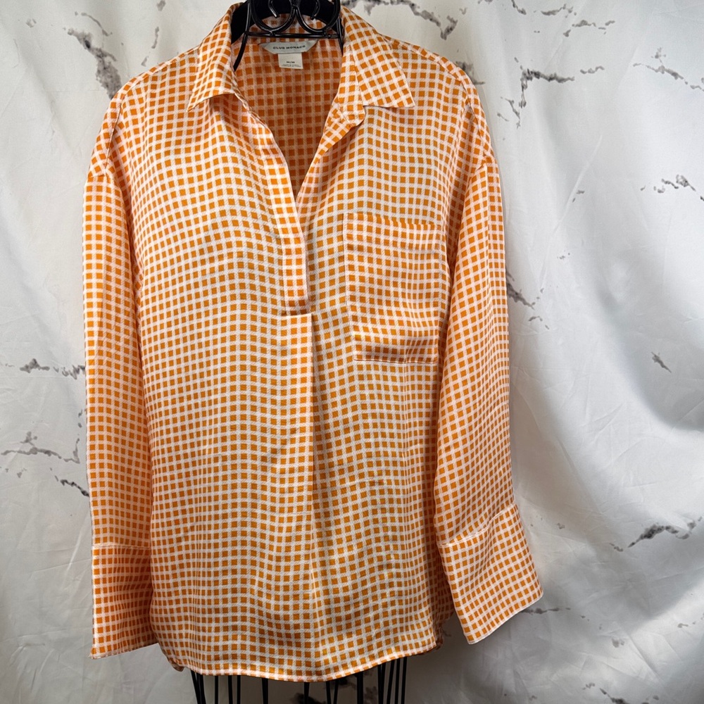 Club Monaco Popover Collared Blouse Orange and White Check Buttonless Wide Cuff